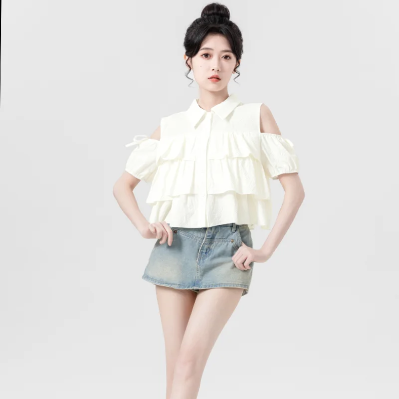 

LKSK Polo Collar Off the Shoulder Short Sleeved Shirt for Women's Summer New Western-style Ruffled Edge Short Doll Shirt Top