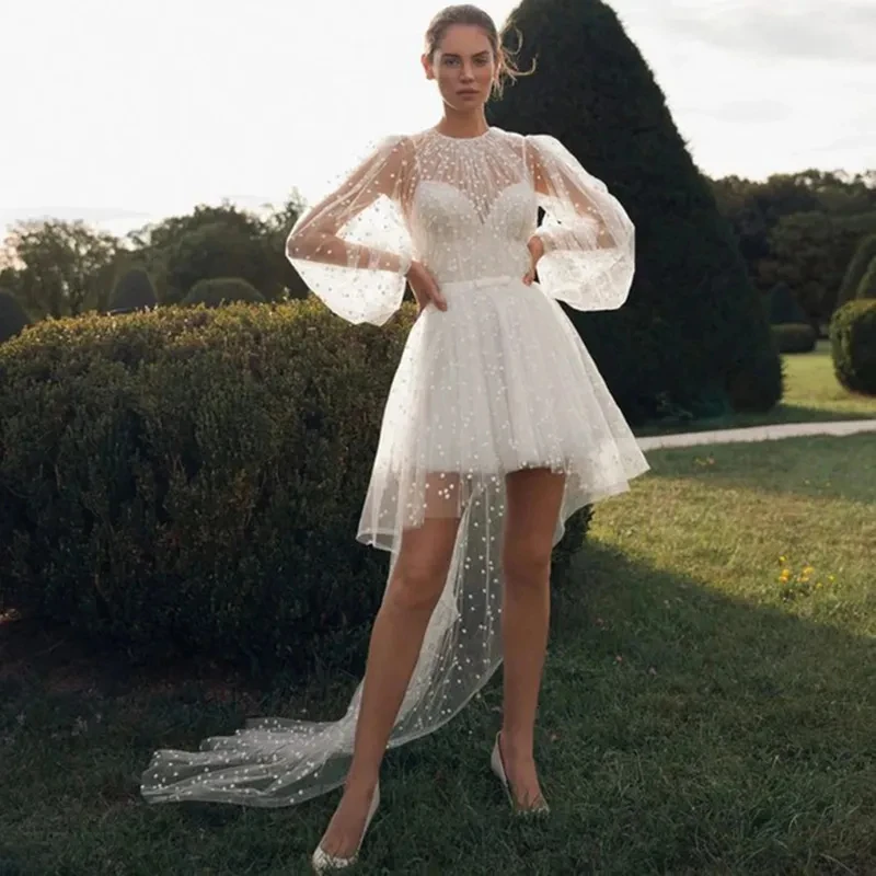 Simple A Line Wedding Dress High Low Tulle Knee Length With O Neck Long Puff Sleeves Button With Wavy Dots For Bride
Simple A Line Wedding Dress High Low Tulle Knee Length With O Neck Long Puff Sleeves Button With Wavy Dots For Bride