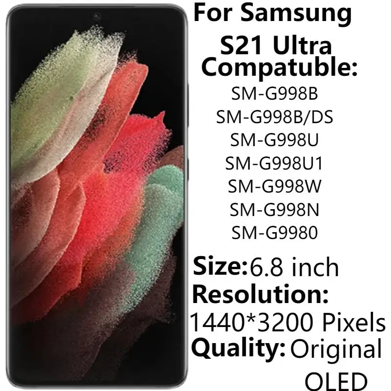 6.8"For Samsung Galaxy S21 Ultra 5G G998 G998F/DS G998B LCD Display With Frame Touch Screen Digitizer Assembly Replacement Parts
6.8"For Samsung Galaxy S21 Ultra 5G G998 G998F/DS G998B LCD Display With Frame Touch Screen Digitizer Assembly Replacement Parts