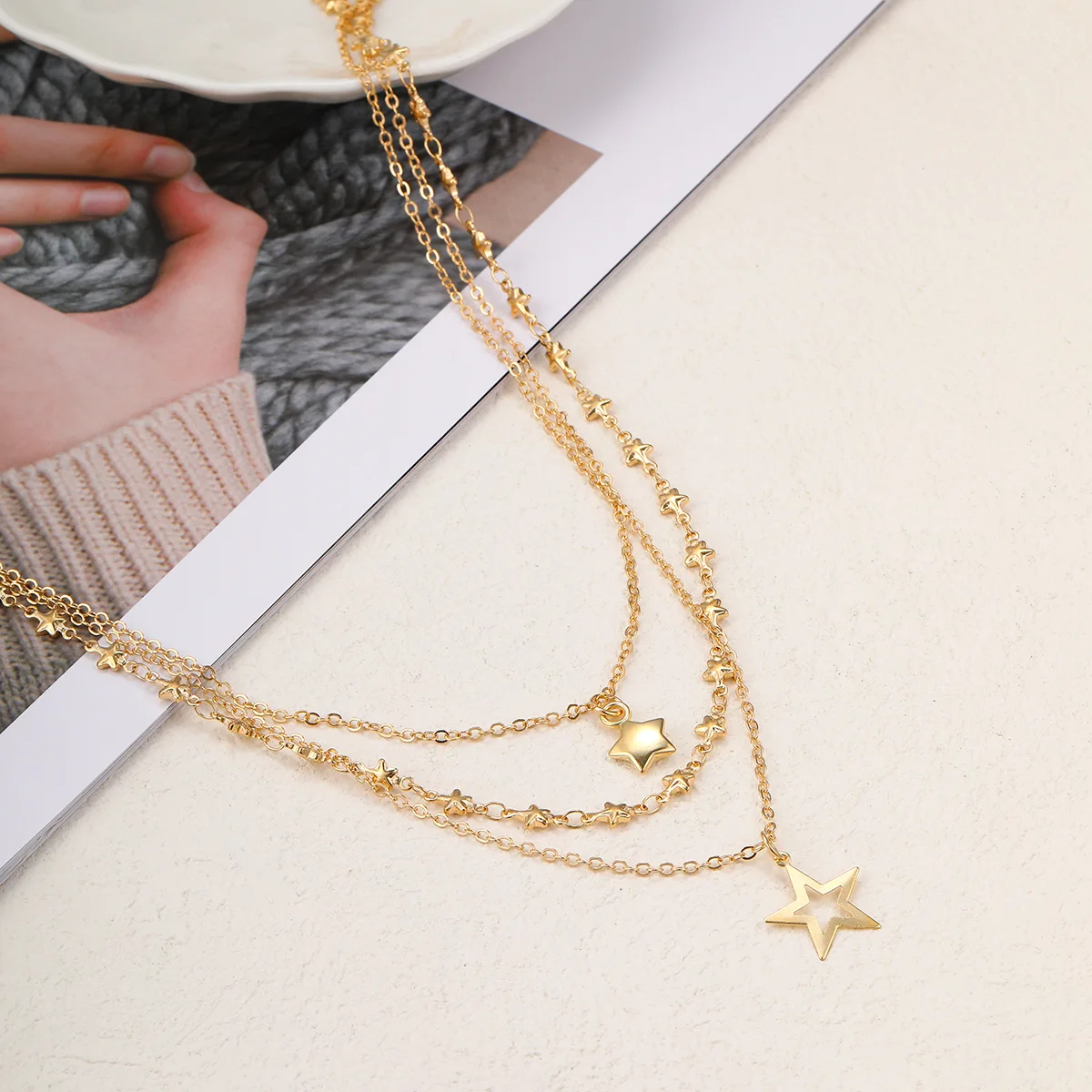 

New Trendy Fashion 3 Layers Silver Gold Color Alloy Five-pointed Stars Pendant Necklace for Women Fashion Jewelry Dropship