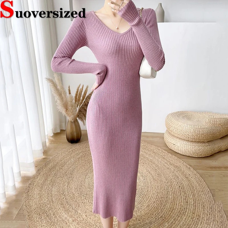 Slim V Neck Knitted Dress Sexy Sweater Dresses For Women Autumn Winter Bottomed Casual Robe Korean Long Sleeve Midi Vestidos
Slim V Neck Knitted Dress Sexy Sweater Dresses For Women Autumn Winter Bottomed Casual Robe Korean Long Sleeve Midi Vestidos