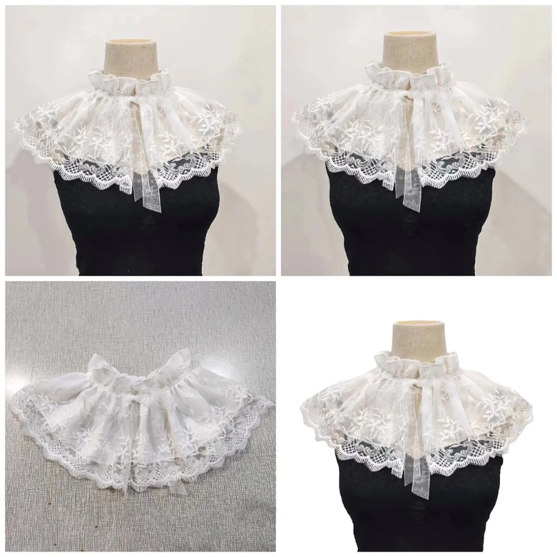 

Victorian Ruffled Collar Sheer Girls Blouse Collar Lapel Shawl Decorative Lapel for Lady Medieval Cosplay