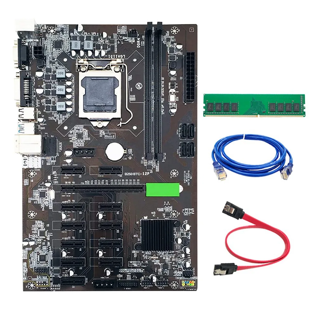 

B250 BTC Mining Motherboard with DDR4 4GB 2666Mhz RAM+RJ45 Network Cable +SATA Cable 12XPCIE Graphics Card Slot LGA1151