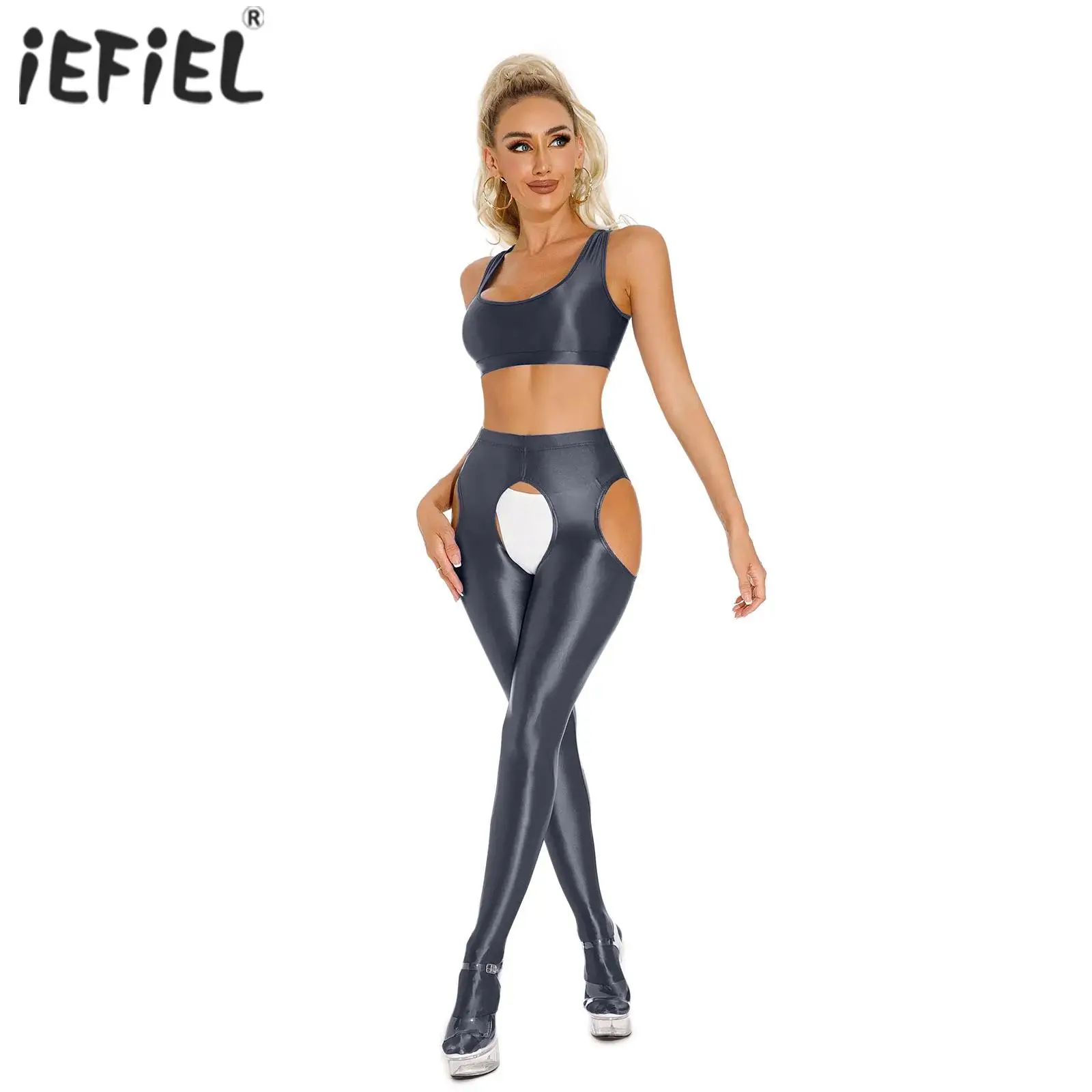 

Womens Glossy Sexy Lingerie Set Sleeveless U Neck Racerback Crop Top with Elastic Waistband Side Cutout Crotchless Pantyhose