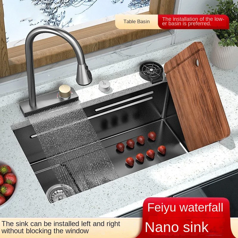 Black Nano Stainless Steel Feiyu Waterfall Sink with Large Single Slot Handmade Kitchen Sink for Washing Vegetables and Dishes
Black Nano Stainless Steel Feiyu Waterfall Sink with Large Single Slot Handmade Kitchen Sink for Washing Vegetables and Dishes
