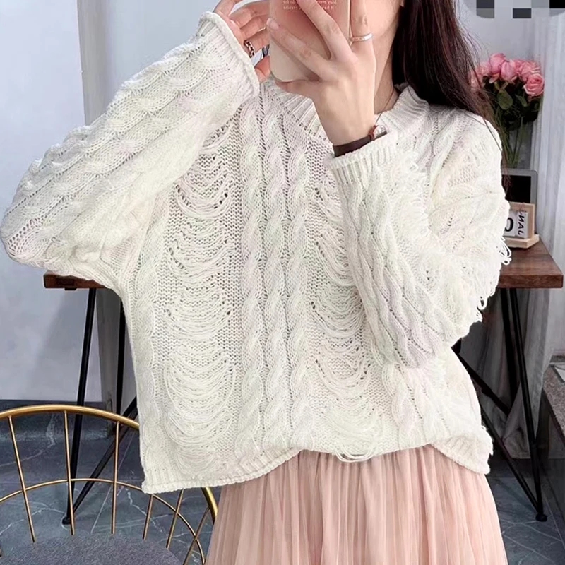 

Fashion Frayed Pullover Knitted Women Sweater 2023 Autumn Winter O Neck Loose Casual Tops Harajuku Style Simple Sweaters 29297