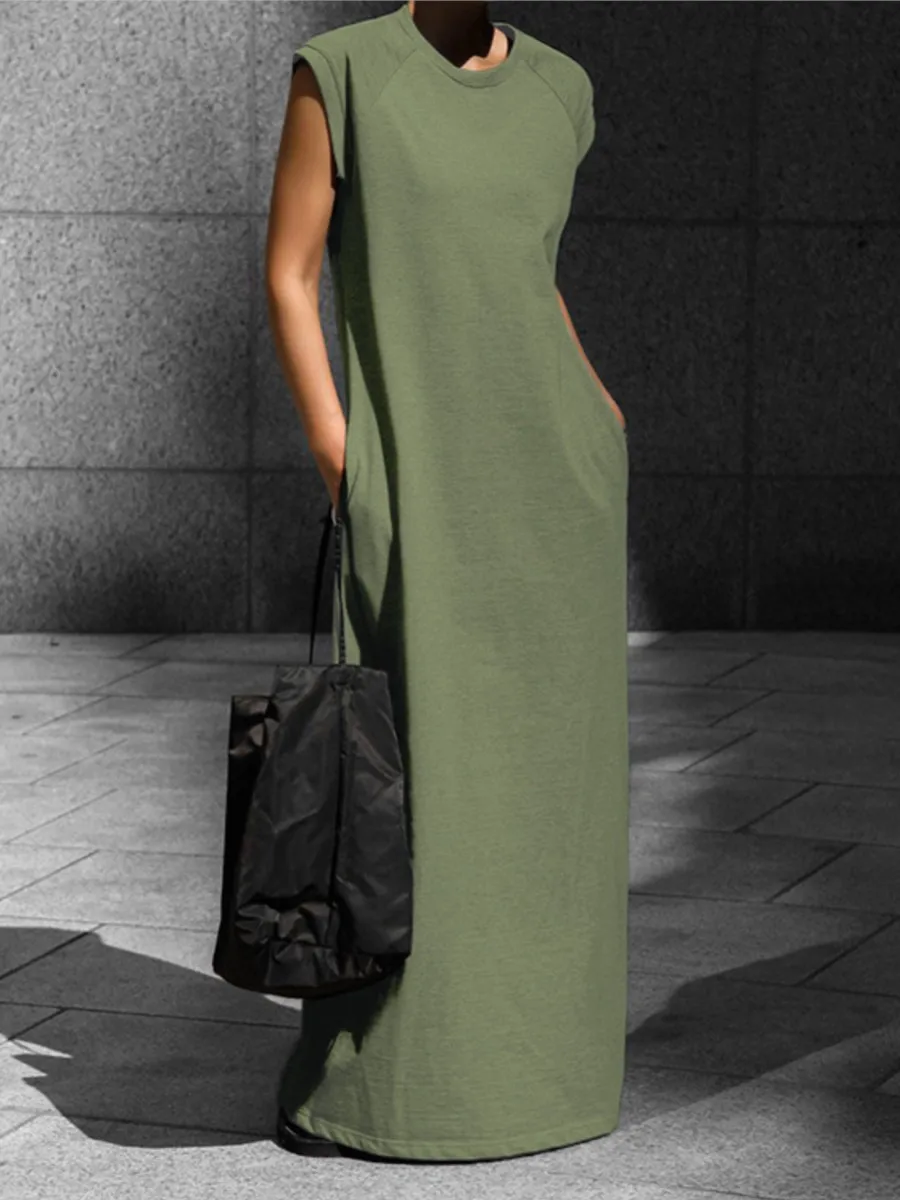 

Однотонное простое длинное платье с разрезом, Свободные повседневные платья макси с круглым вырезом и коротким рукавом, женское летнее элегантное модное женское платье, новинка 2024