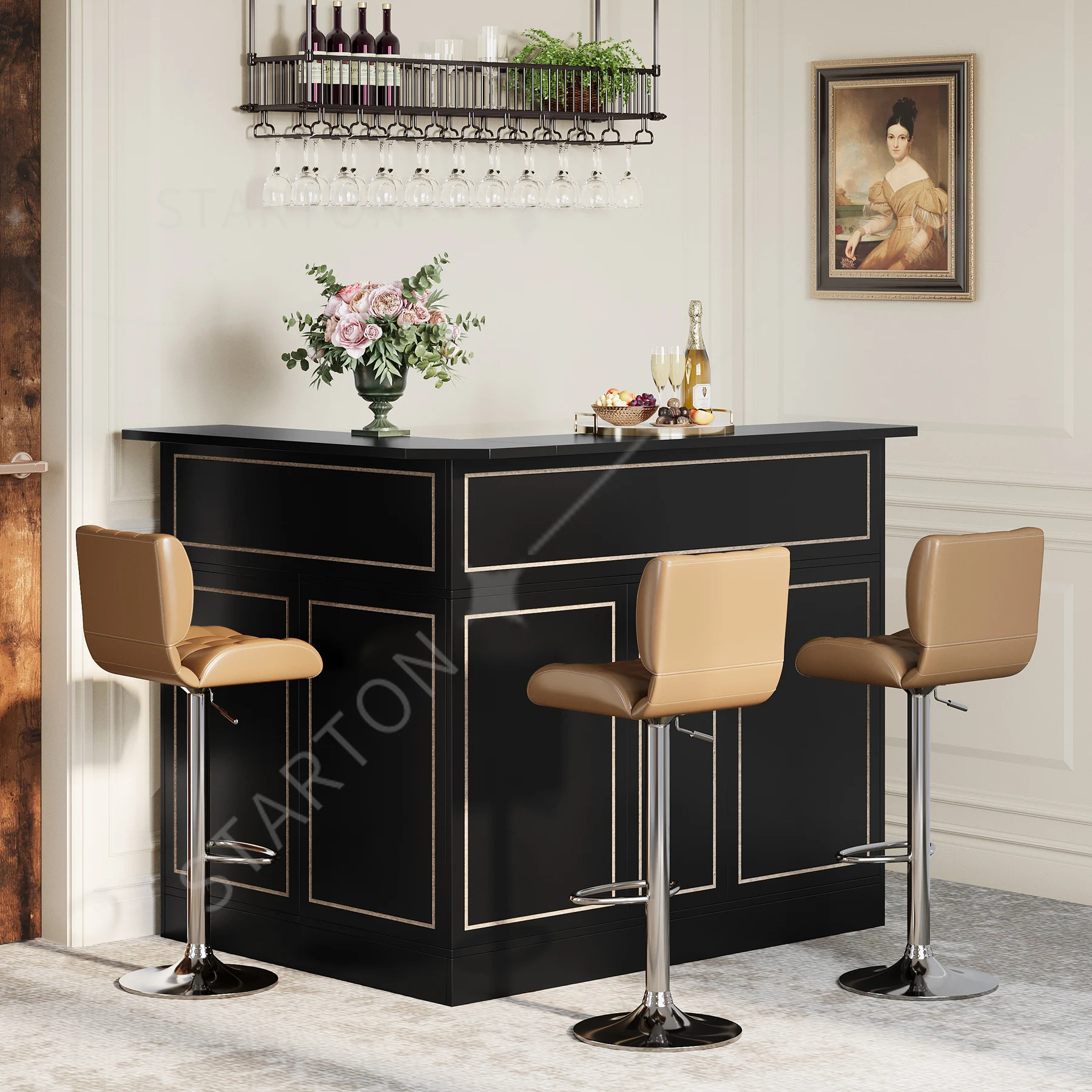 L-Shaped Bar Cabinet, 4-Tier Corner Bar Unit with Stemware Racks L-Shaped Bar Cabinet, 4-Tier Corner Bar Unit with Stemware Racks