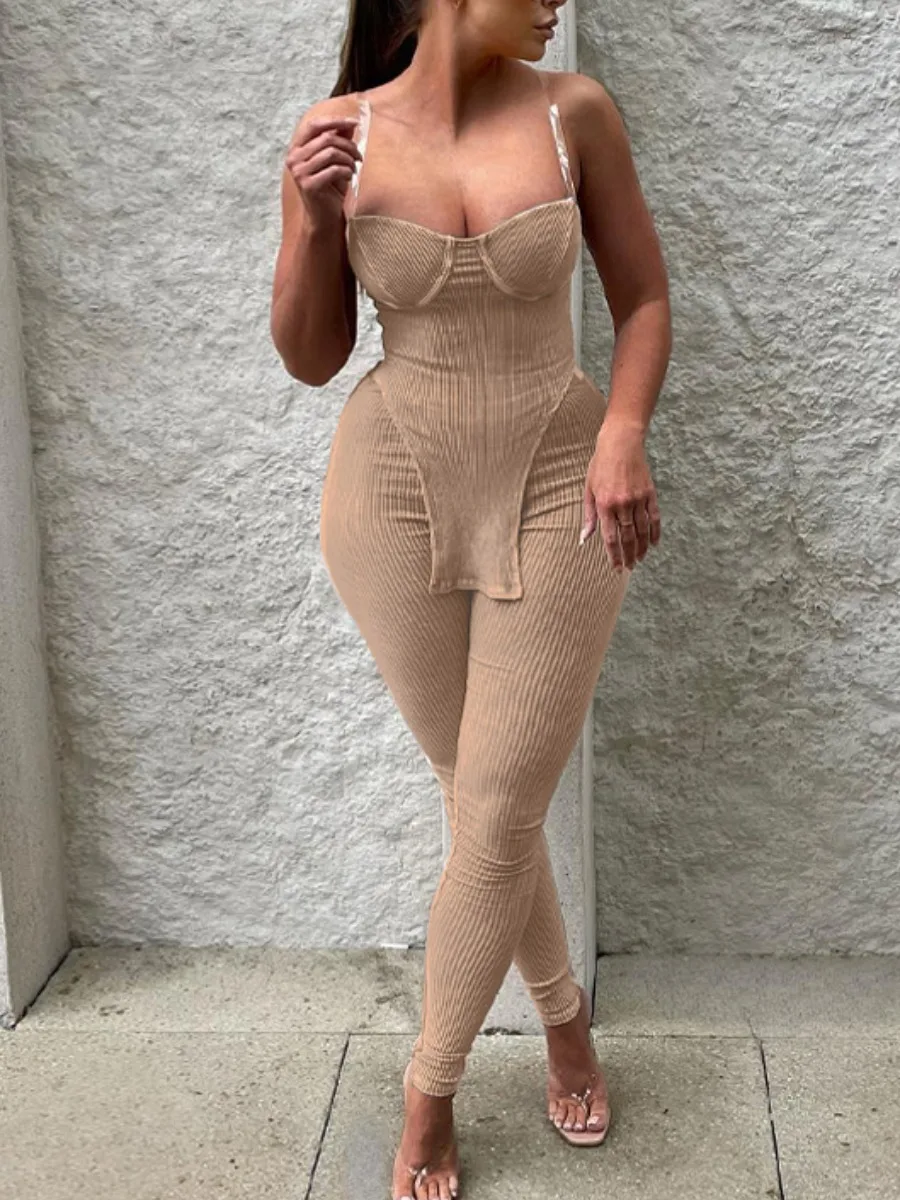 

LW BASICS Plain Two Pieces Pants Suits Rib Knit 2pcs Outfits Clear Strap Side Split Crop Top&High Waist Casual Leggings