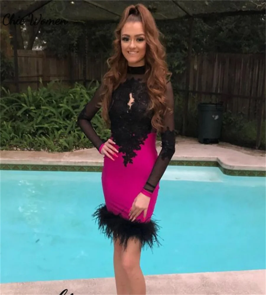 Chic Hot Pink Black Feather Prom Dress With Lace 2023 Tight Long Sleeve Cocktail Dresses Mini Short Graduation Formal Evening
Chic Hot Pink Black Feather Prom Dress With Lace 2023 Tight Long Sleeve Cocktail Dresses Mini Short Graduation Formal Evening