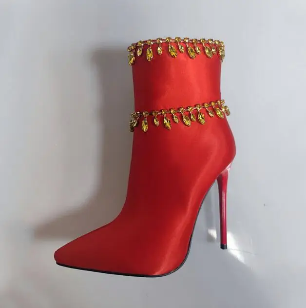 

Bling Drop Rhinestone Double Chains Embellished Ankle Boots Stiletto High heels Pointed toe Black red silk Crystal Wedding Boots