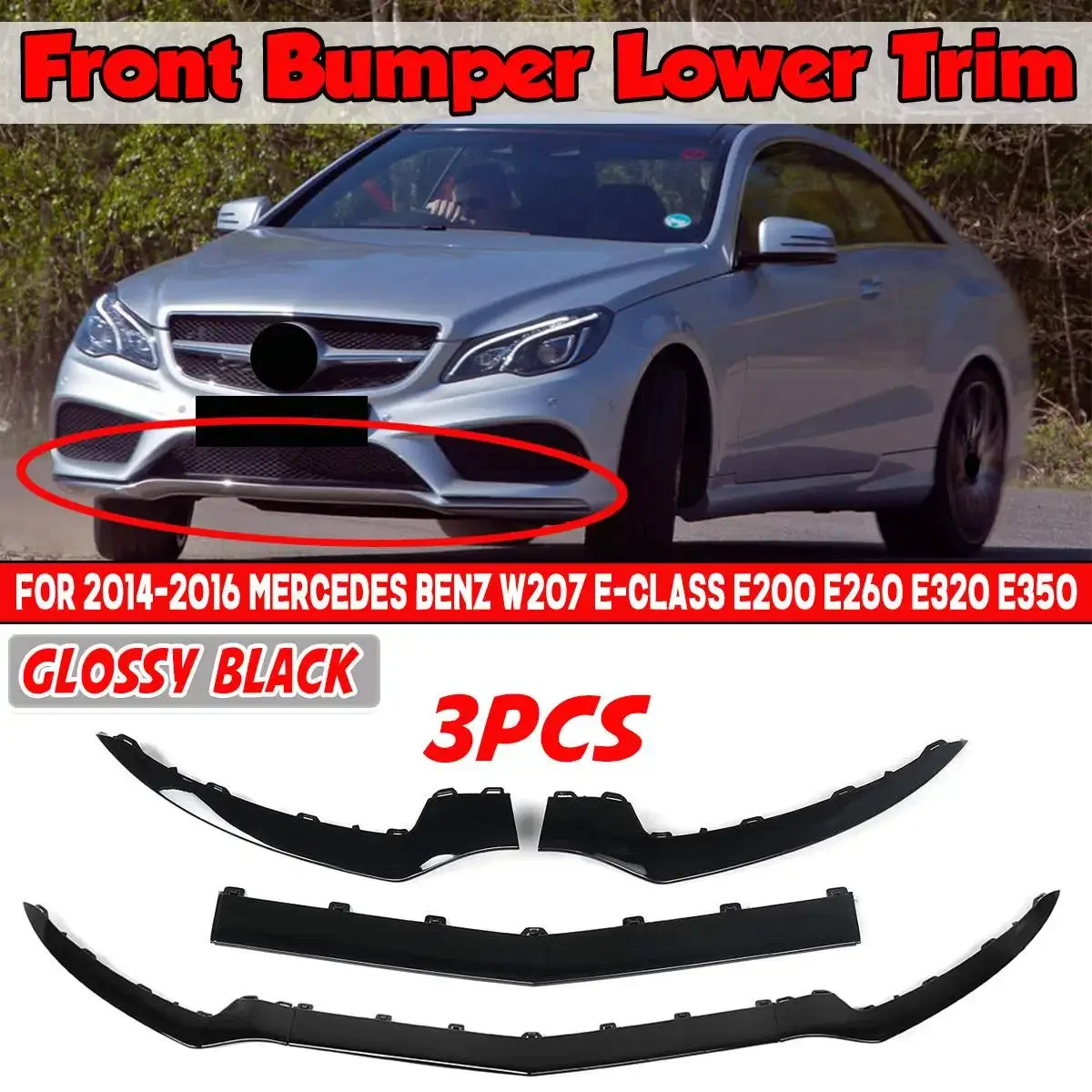 

3pcs Black Car Front Bumper Lip Splitter Diffuser Spoiler Protector Cover For Mercedes For Benz W207 E-Class E200 E350 2014-2016