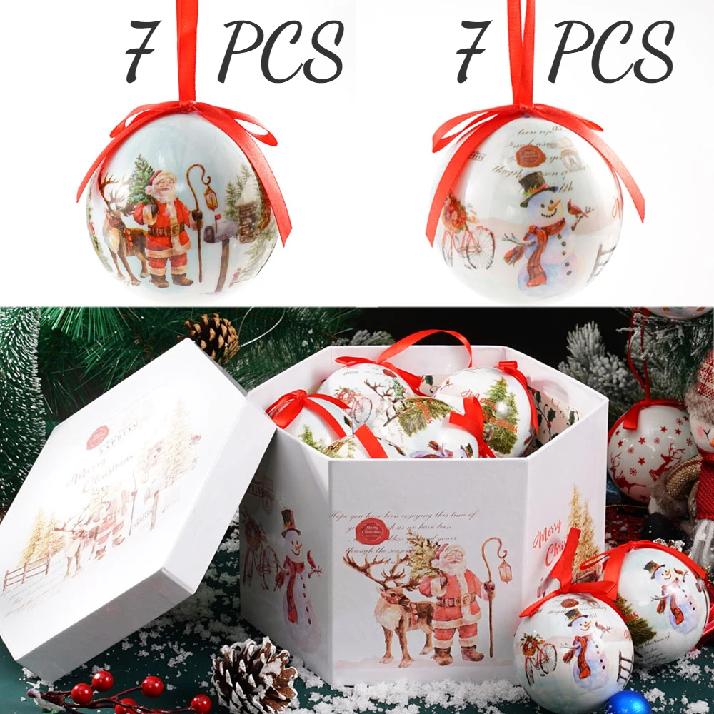 

Set of 14pcs Christmas Decorations Balls White Santa Claus Snowman Hanging Ball Decoration for Xmas Tree Ornaments Gifts 8cm