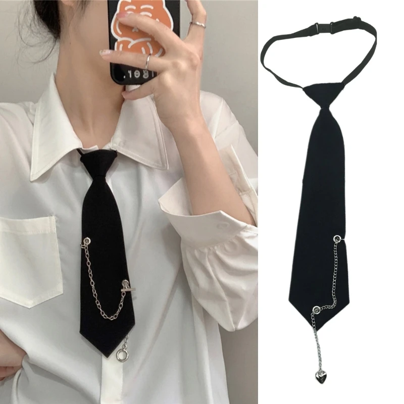 

Gothic Tie for Women Men Punk Metal Chain Tassel Necktie Japanese Student Uniform Pre-Tied Black Ties Jewelry Bowties