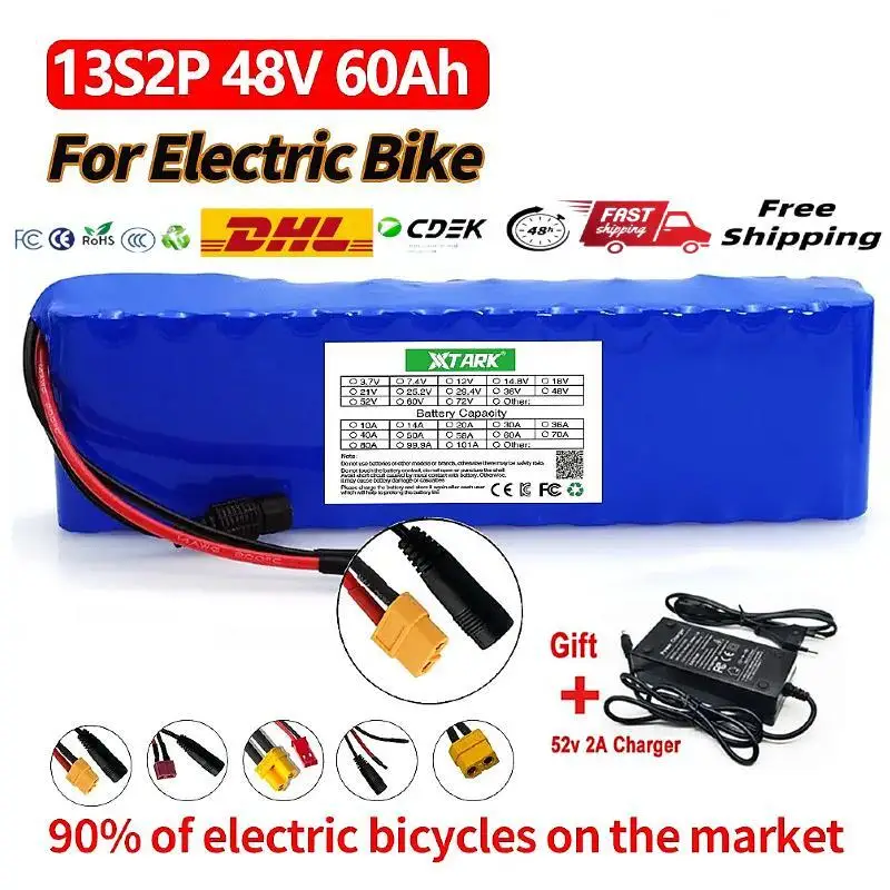 High Capacity 13S2P 48v 60Ah 18650 Li-ion Battery for Bafang Electric Bike Retrofit Kit 1000w 54.6V 2A Charger + XT60 Plug
High Capacity 13S2P 48v 60Ah 18650 Li-ion Battery for Bafang Electric Bike Retrofit Kit 1000w 54.6V 2A Charger + XT60 Plug