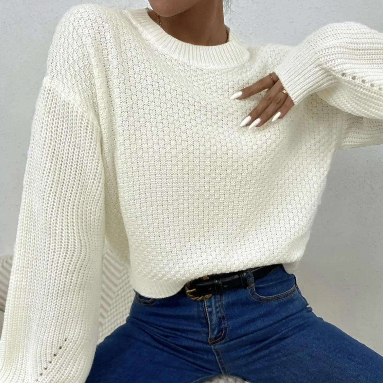 

Off White Y2k Kintted Sweater Women O-neck Crochet Jumper Top E-girl Pullover Spring Autumn Winter Sueter Work Top Jumpers