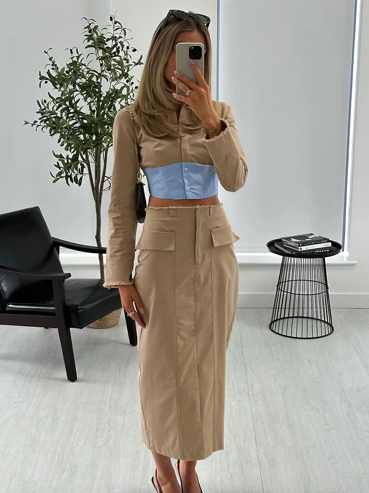 

HH TRAF Women 2 Piece Set Elegant Splicing Lapel Long Sleeves Cropped Shirt Top Casual Female High Waist Hem Slit Pencil Skirts