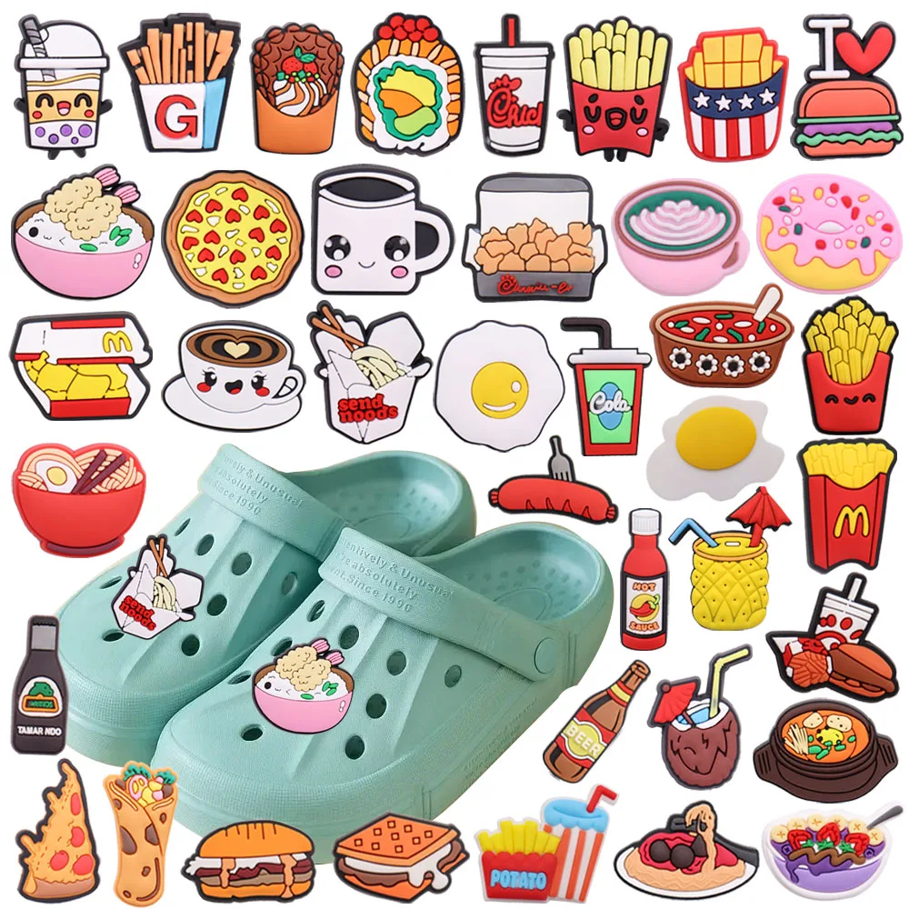 

Mix 50Pcs PVC Croc Jibz Buckle Doughnuts Beer Sandwich French Fries Pizza Noodles Soup Coconut Food Hole Slipper Decoration