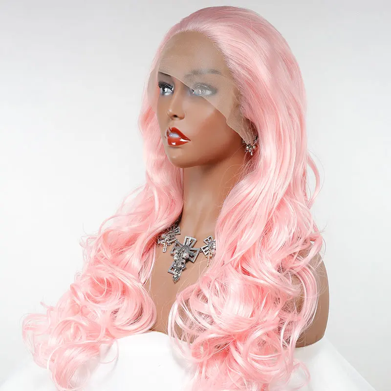 

Bombshell Rose Pink Deep Wave Synthetic 13x4 Lace Front Wigs Glueless Heat Resistant Fiber Hair Free Parting For White Women Wig