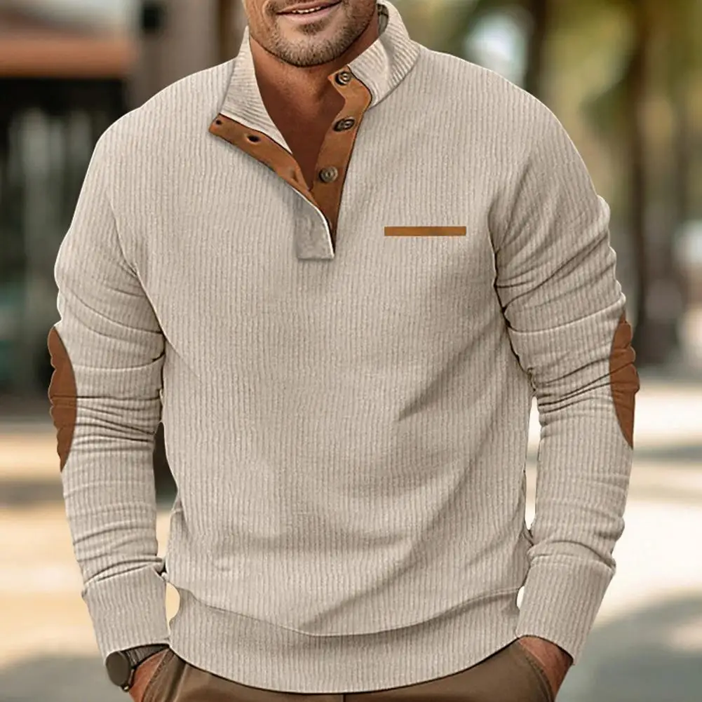 

Men Corduroy Sweatshirt Stand Collar Buttons Half Placket Sport Tops Long Sleeve Contrast Color Fake Pocket Tee Shirt
