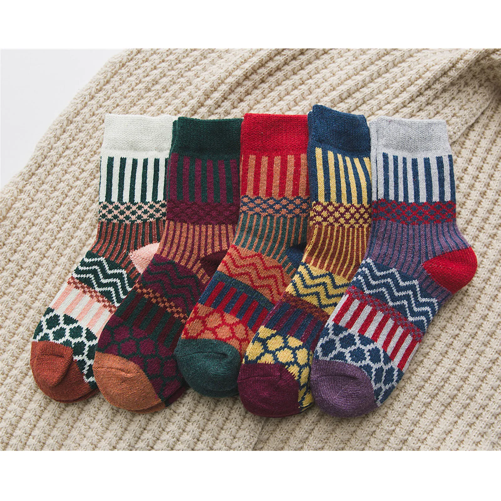 

Женские носки 5 пар в упаковке осенне-зимние утолщенные теплые народные Индивидуальные Ретро скандинавские стильные шерстяные Фотоэлементы