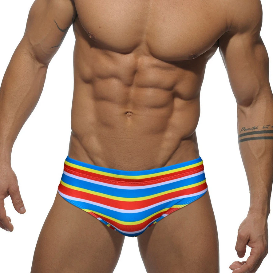 

2022 Colored Stripes Swimsuit Man Swimming Suit Sexy Pouch Pad Bikini Swimwear Mens Swim Briefs for Men Surf Sailing Sport Wear