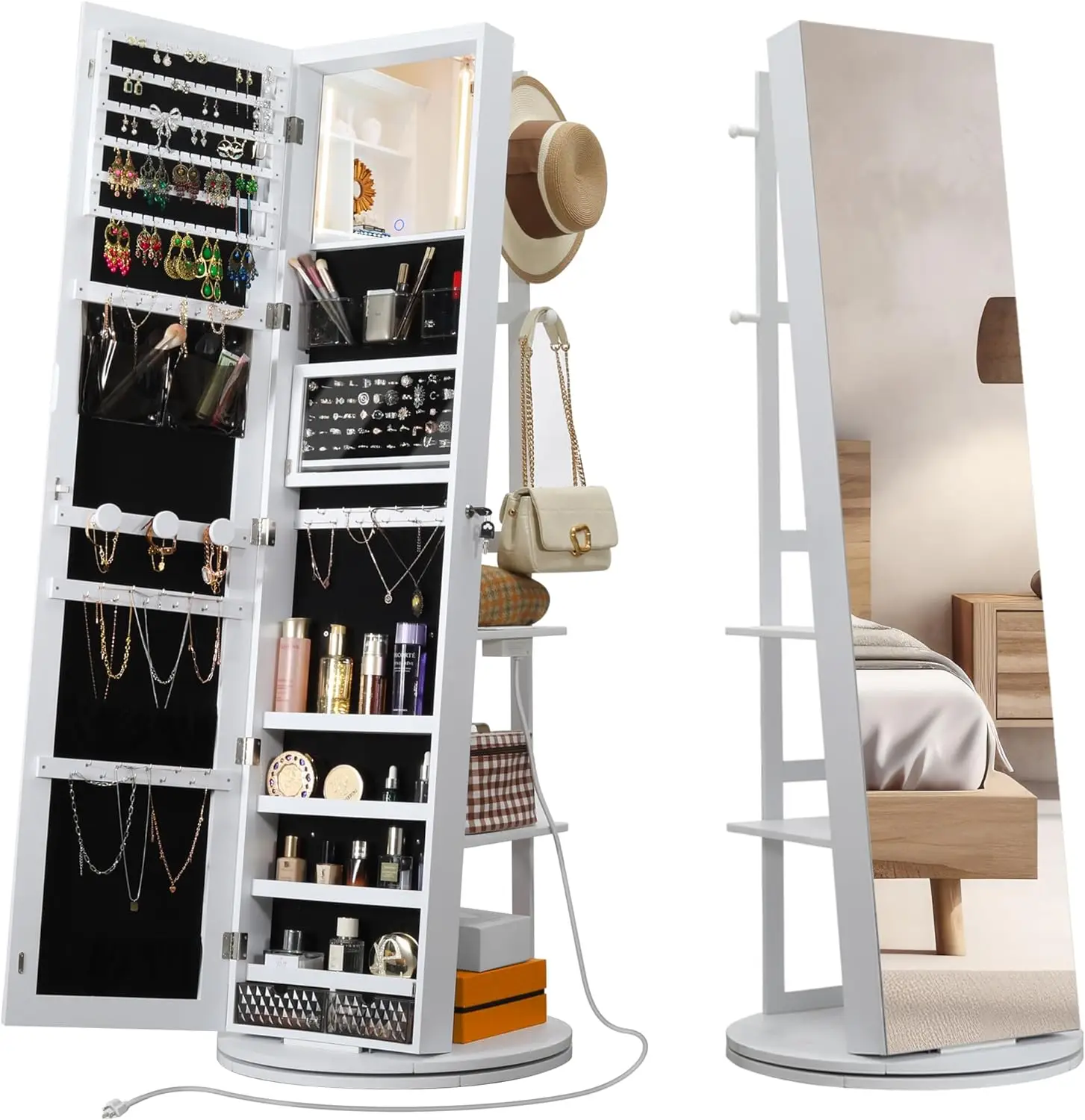 

360° Swivel Mirrored Jewelry Cabinet with Full-Length Mirror and Power Outlet, Rear Storage Shelves, Interior Mirror, LED Lights