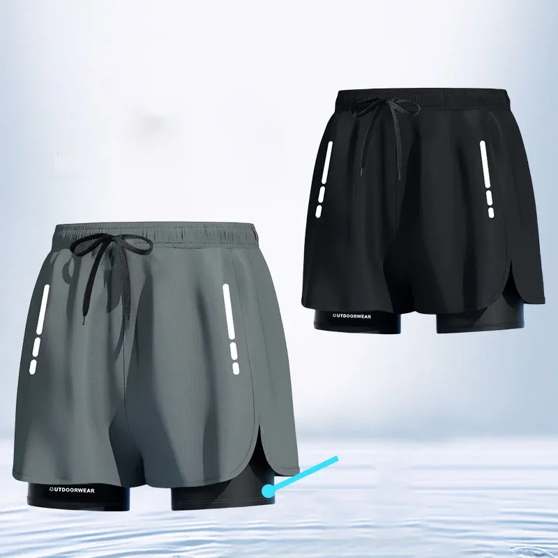 

New 2024 Summer Outdoor Swimming Trunks Quick Drying Men's Running Short Beach Pants Double-layer Anti Awkwardness Swim Trunks
