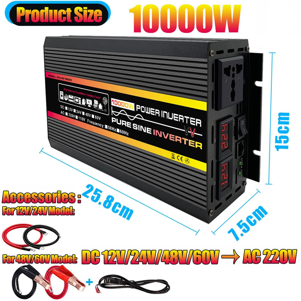 1x HZ10000 Pure Sine Wave Inverter LED Display Car Inverter Converter Voltage Transformer Convert DC 12V/24V/48V/60V To AC 220V
1x HZ10000 Pure Sine Wave Inverter LED Display Car Inverter Converter Voltage Transformer Convert DC 12V/24V/48V/60V To AC 220V