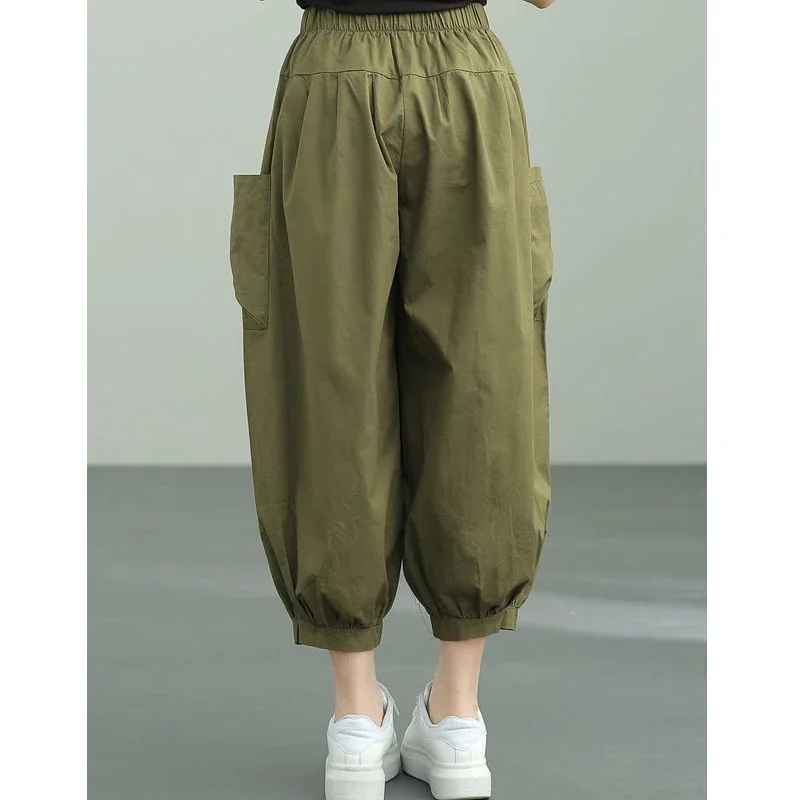 

Women Y2K Casual Streetwear Cotton Baggy Harem Pants Summer Vintage Breathable Elastic Waist Loose Cropped Trousers Pantalones