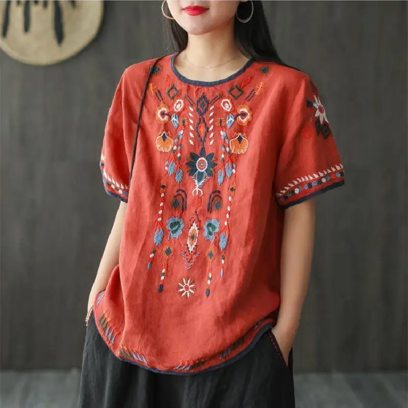 

Women's Clothing Vintage Folk Fashion Embroidery Pullovers Commute Loose Spliced All-match O-Neck Summer Short Sleeve T-shirt