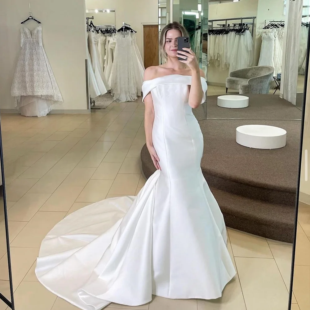 

Sexy Backless Wedding Dress For Women 2023 Boat Neck Off The Shoulder Bride Gowns Satin Mermaid Sweep Train Robe De Mariée