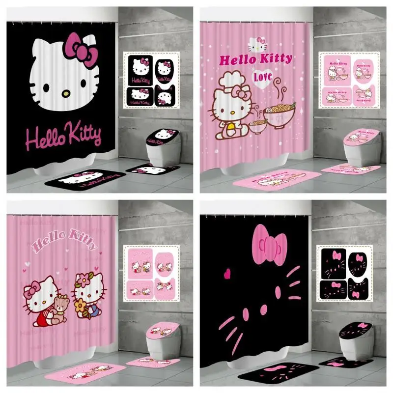 

Занавеска для душа Hello Kitty, комплект из четырех предметов, занавеска для душа Sanrio с принтом из аниме, U-образная подкладка, водонепроницаемая, оптовая продажа