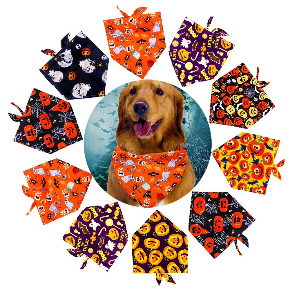 

50pcs Halloween Dog Bandana Bibs Scarf Pet Supplies Cat Puppy Triangle Towel Scarf Pumpkin Skull Holiday Accessories For Small