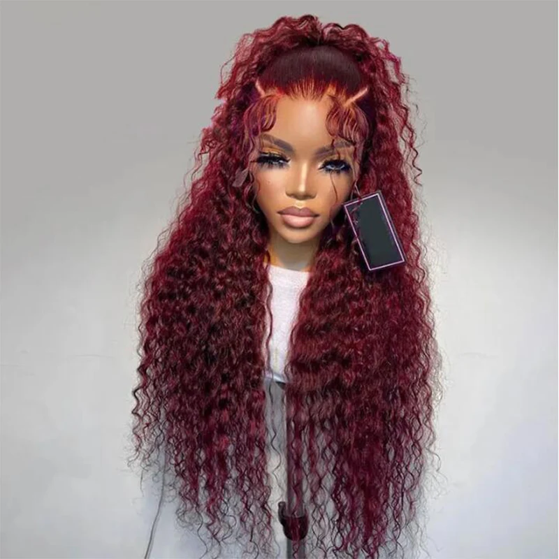 

180Density Burgundy Soft 26Long Kinky Curly 99j Lace Front Wig For Black Women BabyHair Glueless Preplucked Heat Resistant Daily