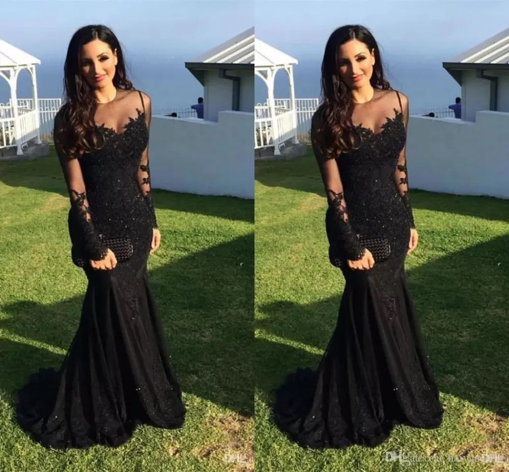 

robe de soiree Evening Dresses 2018 Sexy Arabic Illusion Lace Appliques Beaded Black Mermaid Long Sleeves Formal Party gown