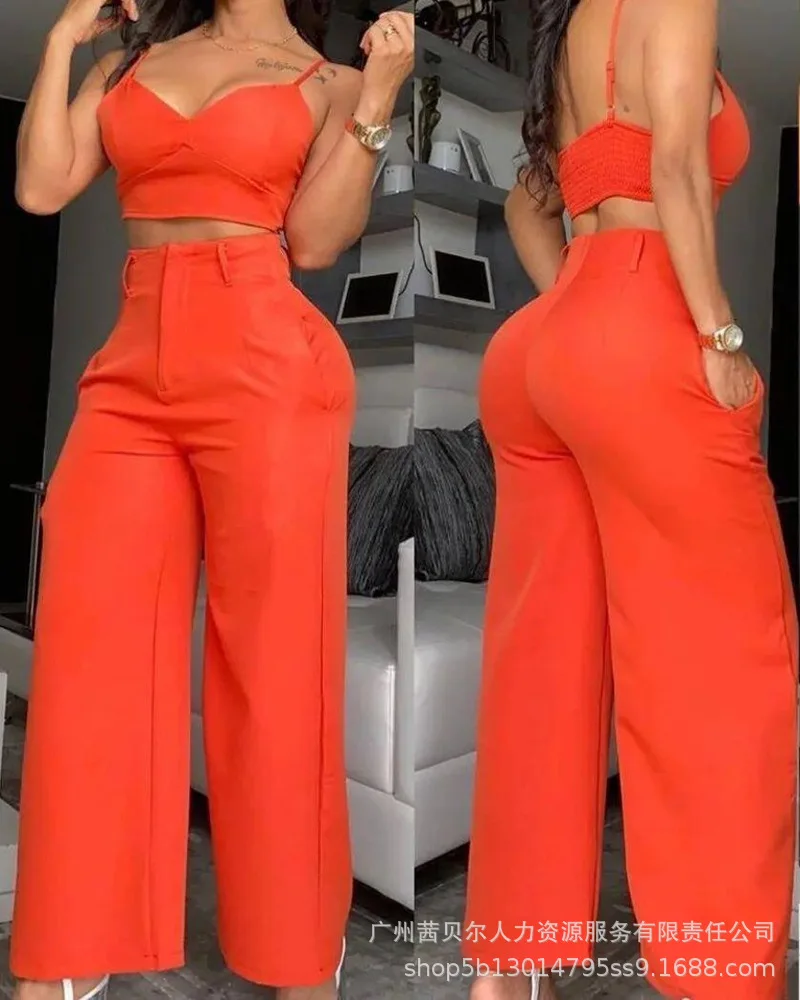 Women Elegant Fashion Two Piece Set Tracksuit Outfits Strap V Neck Crop Top High Waist Wide Leg Pants Clothing Suit Streetwear
Women Elegant Fashion Two Piece Set Tracksuit Outfits Strap V Neck Crop Top High Waist Wide Leg Pants Clothing Suit Streetwear