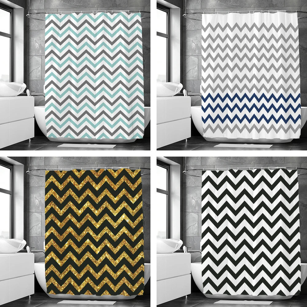 

Waterproof Shower Curtains Geometric Stripes Bathroom Curtains With Hooks 3d Printing Decoration Large Size 240X180 Bath Screen
