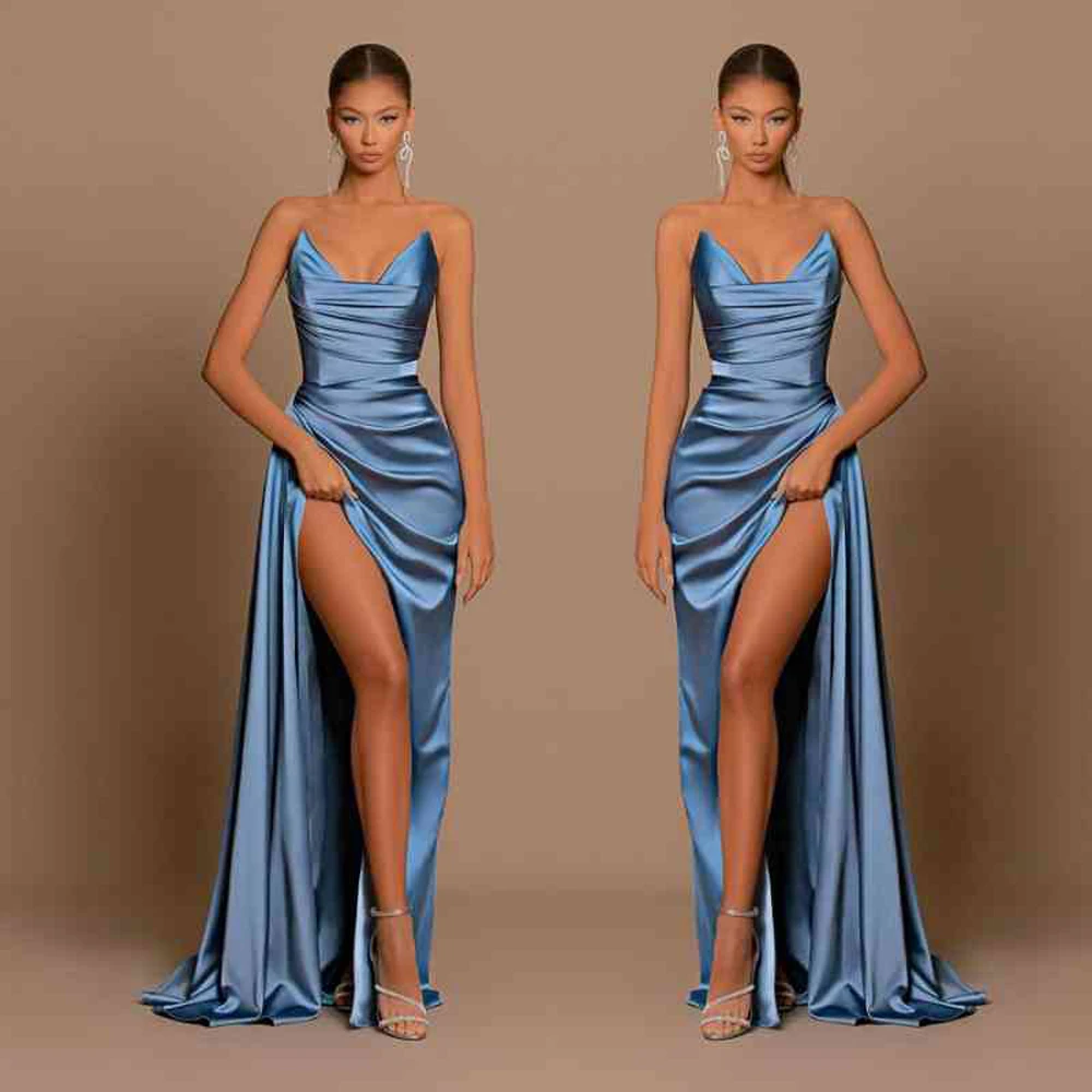 

Elegant Strapless Women Evening Dresses 2023 Satin Blue High Split Ruched Bust Waist Pleat Prom Formal Party Gown Robe De Soiree