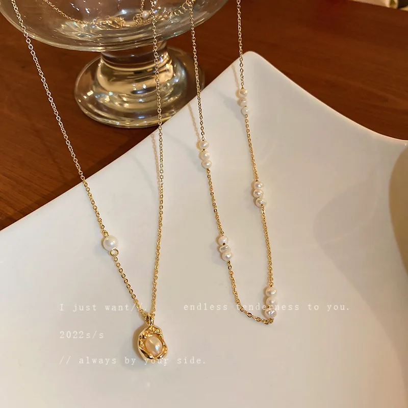 

Ожерелье из жемчуга в стиле барокко с гальваническим покрытием, цепочка из двух частей в французском ретро-стиле, модное женское ожерелье до ключиц