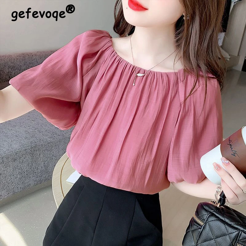 

Women French Style Ruffled Sweet Chic Blouse Summer Fashion Solid O Neck Short Sleeve Shirt Loose Fairy Y2K Tops Blusas De Mujer