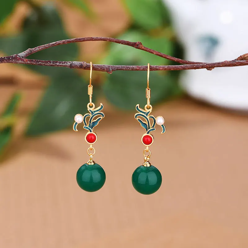 

Ancient gold craft Chinese style retro enamel Eardrop inlaid natural Hotan Jade earrings for women classic design jewelry