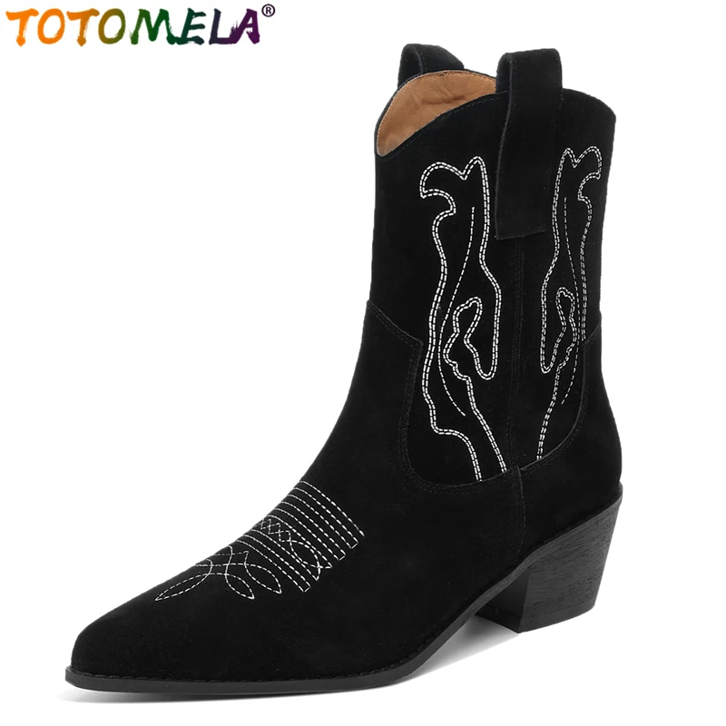 

TOTOMELA Size 34-44 New Cow Suede Leather Western Boots Women Chunky High Heels Embroider Ankle Boots Autumn Winter Cowboy Boots