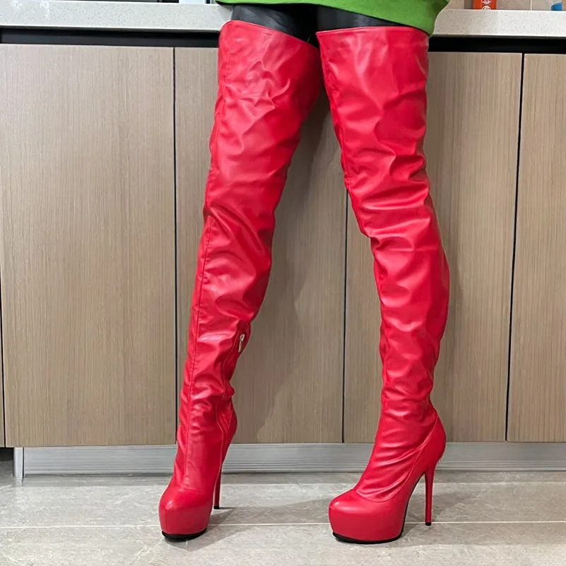 

2024 Handmade Women Over Knee Boots Sexy Stiletto Heels Round Toe Black Club Wear Shoes Womaen Plus US Size 5-20