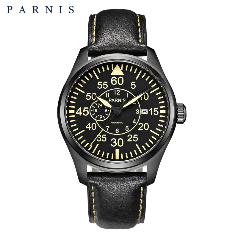 

Fashion Parnis 44mm Black Case Automatic Mechanical Men Watch Leather Strap Sapphire Crystal Luminous Men's Watches reloj hombre