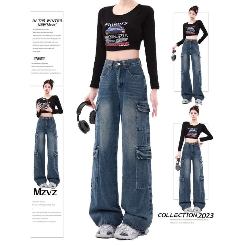 

Женские джинсы с завышенной талией, синие прямые мешковатые джинсовые брюки с карманами в американском и корейском стиле, Y2K, женские джинсовые брюки с широкими штанинами, 2024