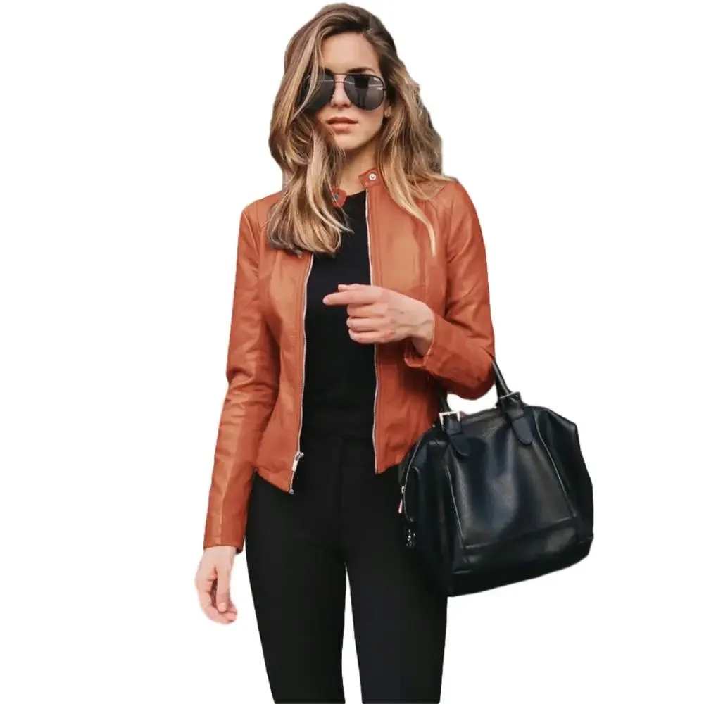 

2023 Suit jacket Women Bike Coat PU Leather Outwear Zipper Outfit Spring Autumn WomeFashion Short Thin Female Jacket