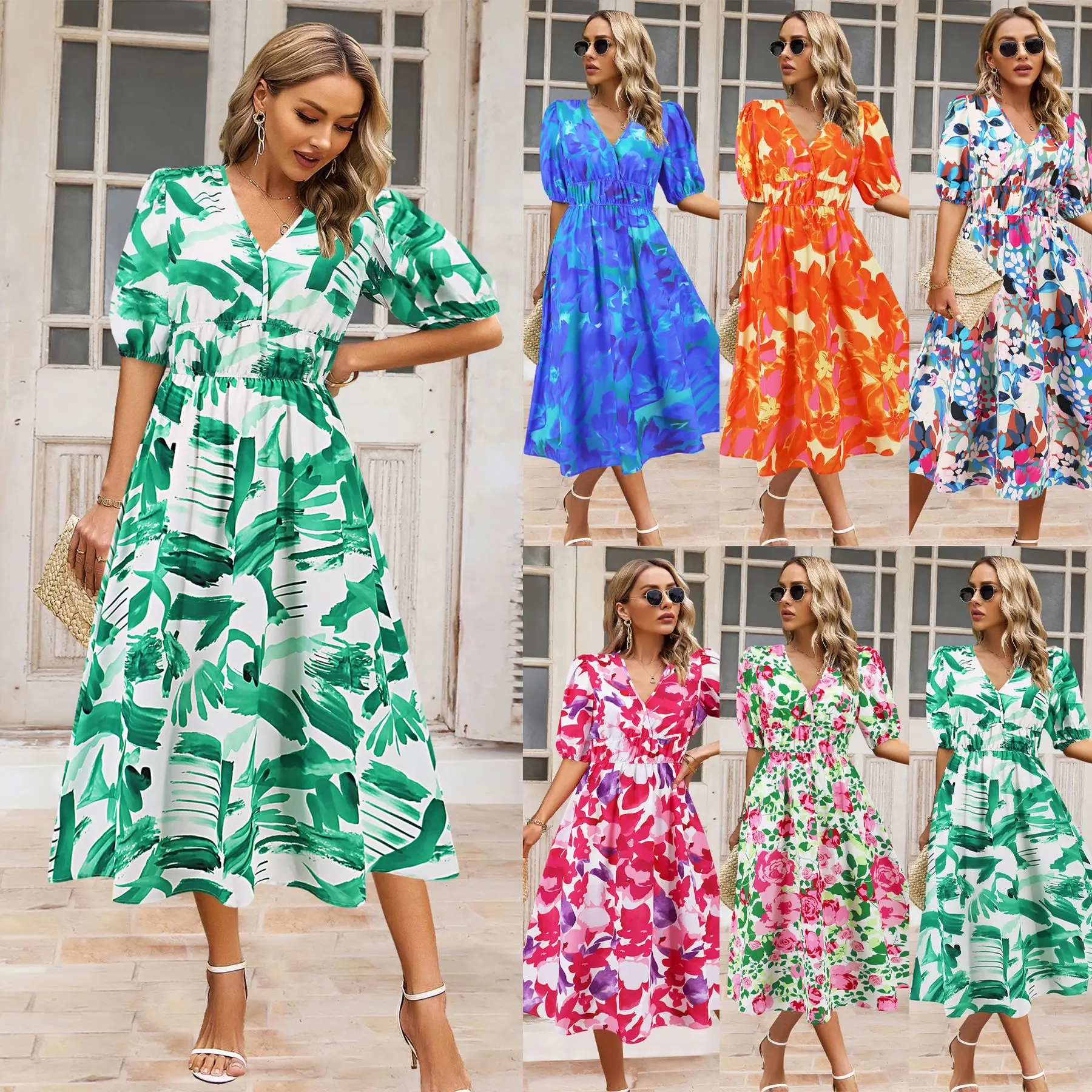 Ladies V-neck Bohemian printed A-line Dress 2024 Summer New Holiday Style women's V-neck Slim Waist Long Robe
Ladies V-neck Bohemian printed A-line Dress 2024 Summer New Holiday Style women's V-neck Slim Waist Long Robe