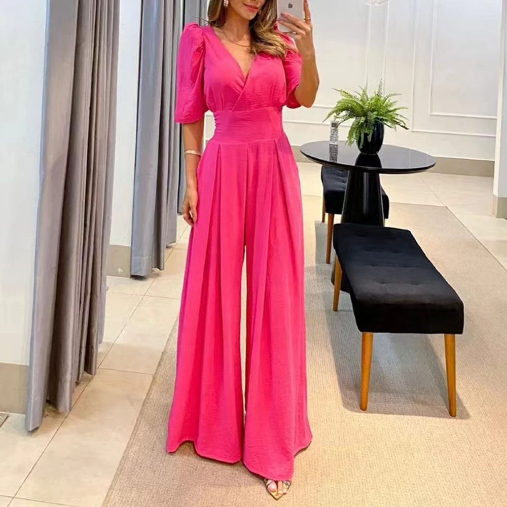 

Women Plunge V Neck One-Piece Half Sleeve Pleated Slim High Waist Wide Leg Jumpsuits Office Ruched Summer Puff Sleeve Jumpsuits