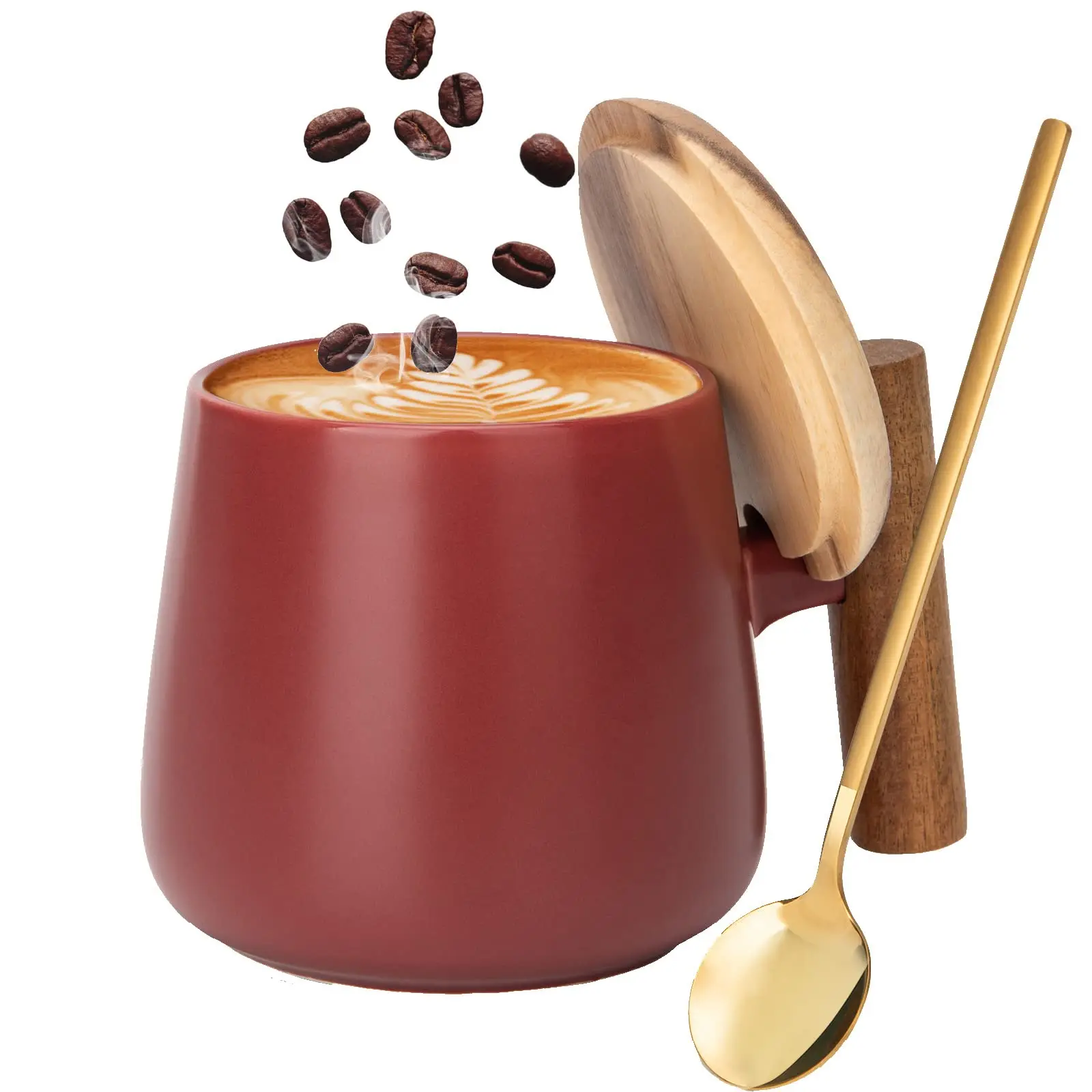 

Керамическая Кофейная кружка для офиса и дома, кофейная чашка 14 унций с деревянной крышкой и золотой ложкой